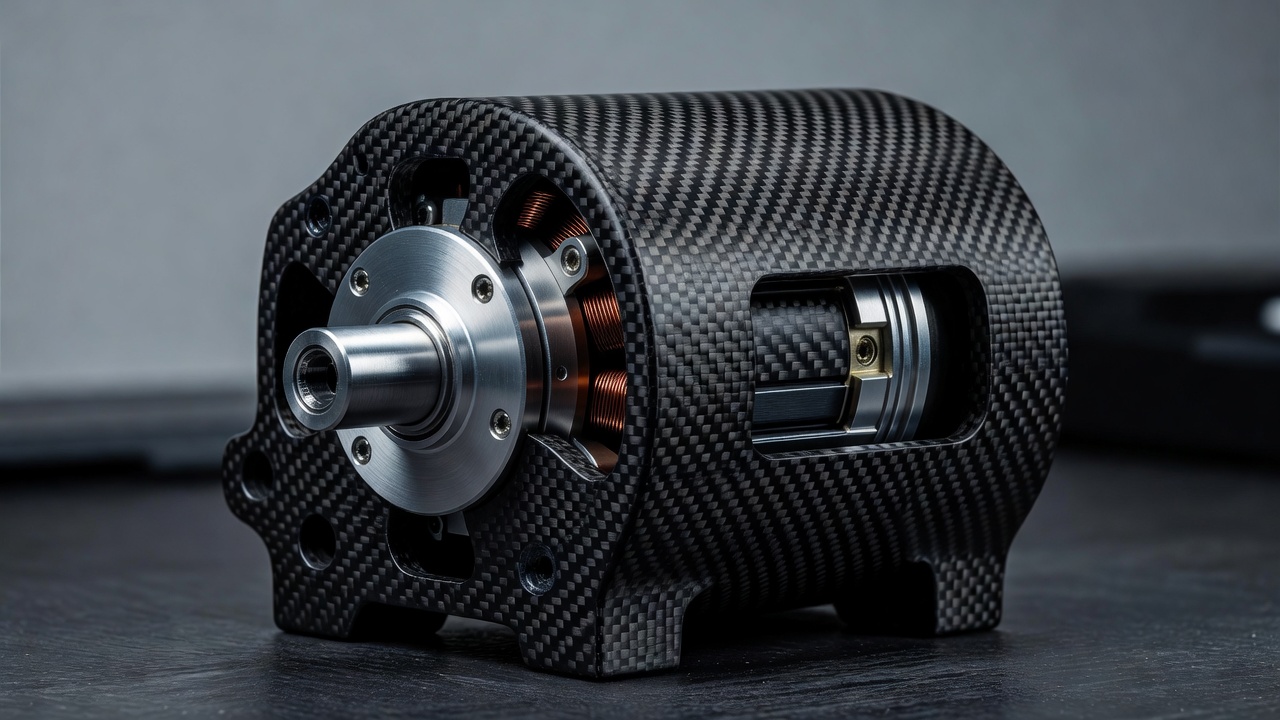 Direct drive wheel base detail with carbon fiber finish