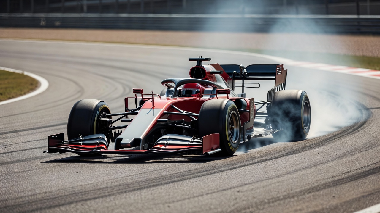Formula 1 car cornering at high speed on dry asphalt