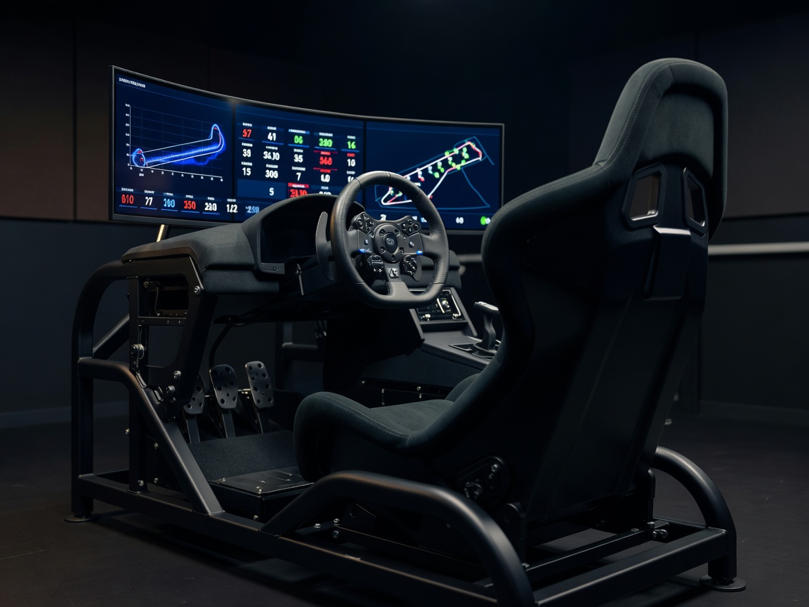 High performance racing simulator cockpit setup with force feedback steering wheel and telemetry display