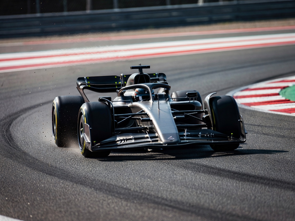 Formula racing car driving at top speed on a Grand Prix circuit