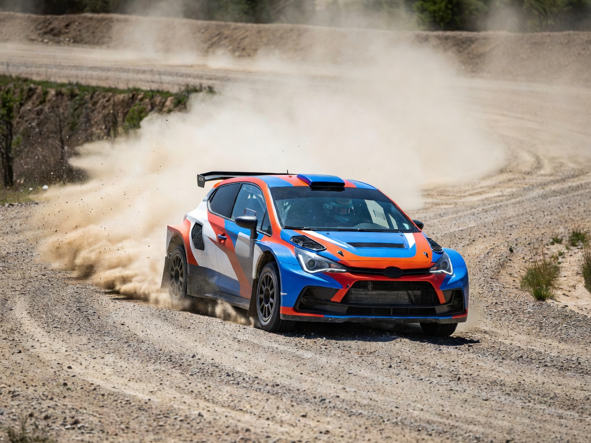 Rally car blasting through gravel stage road with dirt spray behind