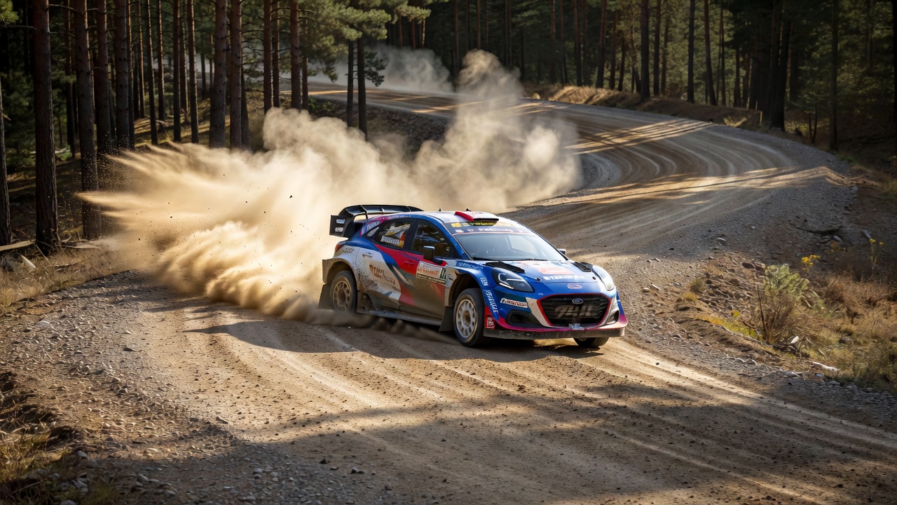 Rally car sliding through dirt corner on WRC stage