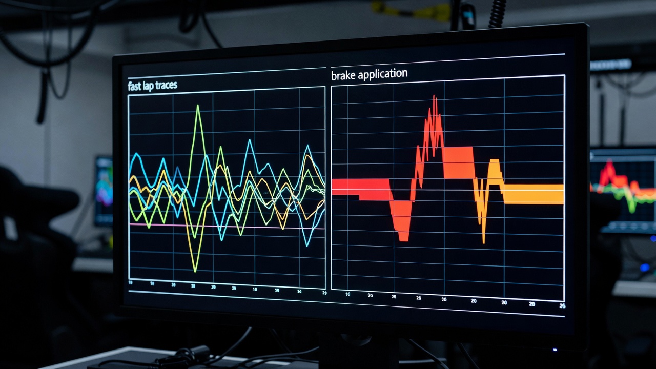 Telemetry line graphs comparing fast lap traces and brake application